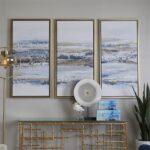 Blue Canvas Landscape Framed Wall Art W/ Gold Frame - Set of 3