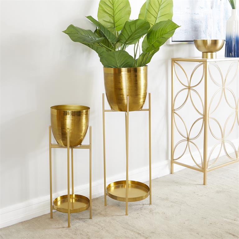 89933_3 Gold Metal Planter W/ Removable Stand - Set of 2 - Image 1