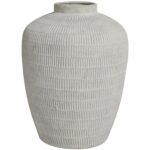 Cream Ceramic Textured Vase with Linear Pattern - Image 2