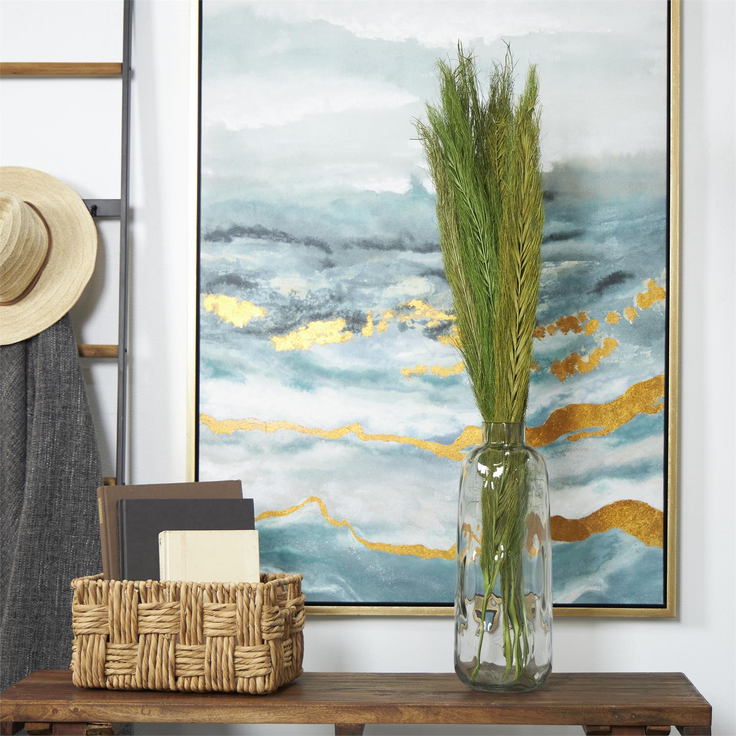 12600_3 Green Dried Plant Leaves Natural Foliage with Feather Inspired Stems - Image 1