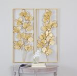 Cosmoliving By Cosmopolitan Gold Metal Floral Orchid Wall Decor with Gold Frame, Set Of 2