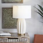 Cream Ceramic Gourd Style Base Table Lamp with Drum Shade