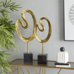 Gold Marble Abstract Sculpture with Black Base, Set of 2