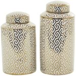 Gold Ceramic Geometric Decorative Jars with Gold Accents, Set of 2 - Image 3