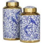 Blue Ceramic Floral Decorative Jars with Gold Accents, Set of 2 - Image 2