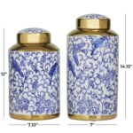 Blue Ceramic Floral Decorative Jars with Gold Accents, Set of 2 - Image 3