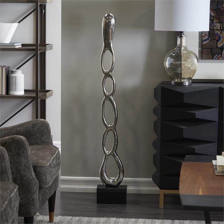 29975_3 Silver Aluminum Abstract Tall Linked Floor Sculpture with Black Base - Image 1