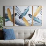 Blue Porcelain Bird Feathers Framed Wall Art with Gold Aluminum Frame, Set Of 3