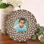 Round Brown Carved Wood Picture Frame W/ Chevron Pattern