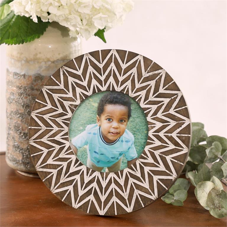 42984_3 Round Brown Carved Wood Picture Frame W/ Chevron Pattern - Image 1