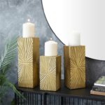 Gold Wood Geometric Carved Pillar Candle Holder, Set of 3