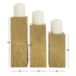 Gold Wood Geometric Carved Pillar Candle Holder, Set of 3 - Image 4