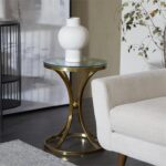 Gold Stainless Steel Hourglass Shaped Stand Accent Table with Clear Glass Top