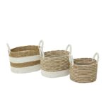 Brown Seagrass Handmade Two-Toned Storage Basket with Handles, Set of 3 - Image 2