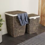 Dark Brown Seagrass Handmade Storage Basket with Liner and Matching Tops, Set of 2