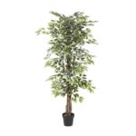 Green Faux Foliage Ficus Artificial Tree with Realistic Leaves and Black Plastic Pot - Image 3