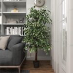 Green Faux Foliage Ficus Artificial Tree with Realistic Leaves and Black Plastic Pot
