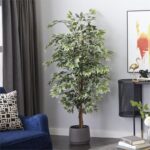 Green Faux Foliage Ficus Artificial Tree with Realistic Leaves and Black Plastic Pot - Image 2