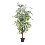 Green Faux Foliage Ficus Artificial Tree with Realistic Leaves and Black Plastic Pot - Image 4
