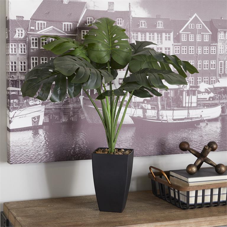 94035_3 Green Faux Foliage Monstera Artificial Plant with Black Tapered Pot - Image 1