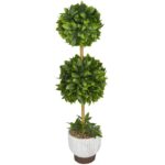Green Faux Foliage Boxwood Ball Topiary with White Cement Pot - Image 2