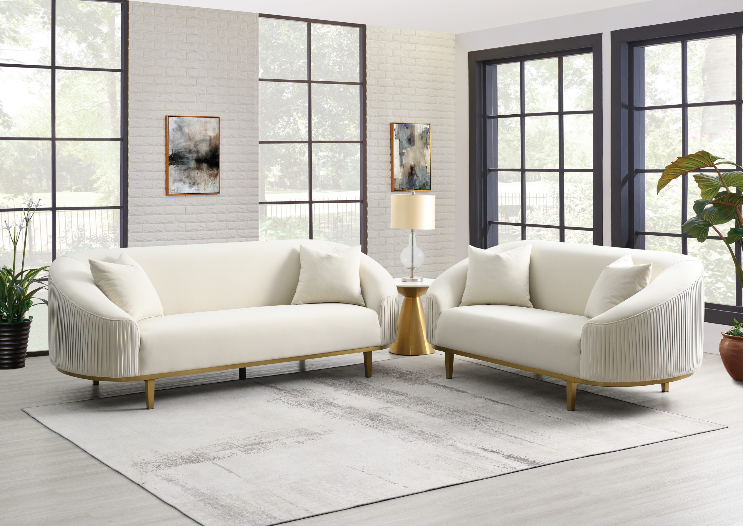LV03850 LV03851 Veneto Sofa ONLY W/ 2 Pillows - Modern Ivory Velvet - Image 1