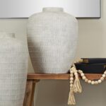 Cream Ceramic Textured Decorative Vase with Linear Pattern