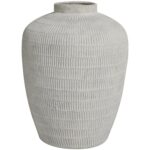 Cream Ceramic Textured Decorative Vase with Linear Pattern - Image 2