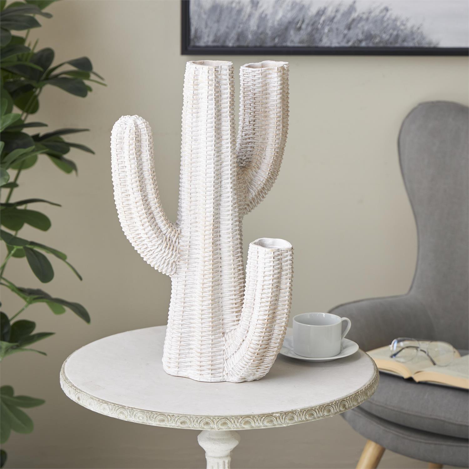 10895_3 Cream Resin Cactus Tall Textured Indoor-Outdoor Planter - Image 1