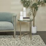 Silver Aluminum Metal Textured Side End Accent Table with Glass Tabletop