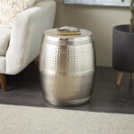 Silver Metal Handmade Hammered Drum Side End Accent Table with Hammered Design