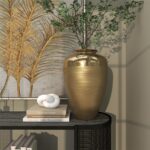 Gold Aluminum Metal Wide Brushed Decorative Vase with Hammered Top