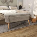 Gray Polyester Rounded Upholstered Boucle Room Storage Bench with Tapered Wood Legs