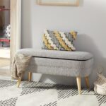 Gray Polyester Rounded Upholstered Boucle Room Storage Bench with Tapered Wood Legs - Image 2