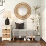 Gray Polyester Rounded Upholstered Boucle Room Storage Bench with Tapered Wood Legs - Image 4