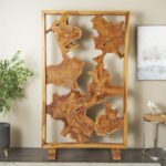 Brown Teak Wood Handmade Tall Live Edge Freestanding Partition Room Divider Screen