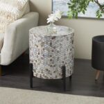 Multi Colored Mother of Pearl Shell Abstract Handmade Inlay Side End Accent Table with Black Legs