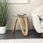Light Brown Polystone Abstract Wood Inspired Wavy Side End Accent Table with Glass Tabletop