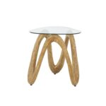 Light Brown Polystone Abstract Wood Inspired Wavy Side End Accent Table with Glass Tabletop - Image 2