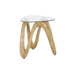 Light Brown Polystone Abstract Wood Inspired Wavy Side End Accent Table with Glass Tabletop - Image 3