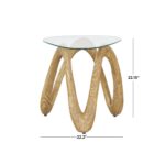 Light Brown Polystone Abstract Wood Inspired Wavy Side End Accent Table with Glass Tabletop - Image 4