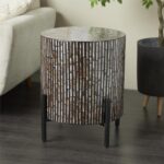 Multi Colored Mother of Pearl Shell Geometric Handmade Inlay Side End Accent Table with Black Legs