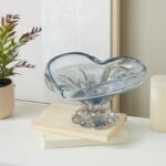 Blue Glass Heart Ombre Decorative Bowl with Folded Curve Opening and Scalloped Base - Small