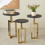 Gold Aluminum Metal Geometric Side End Accent Table with Black Marble Tabletops