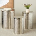 Silver Metal Ribbed Drum Side End Accent Table, Set of 3