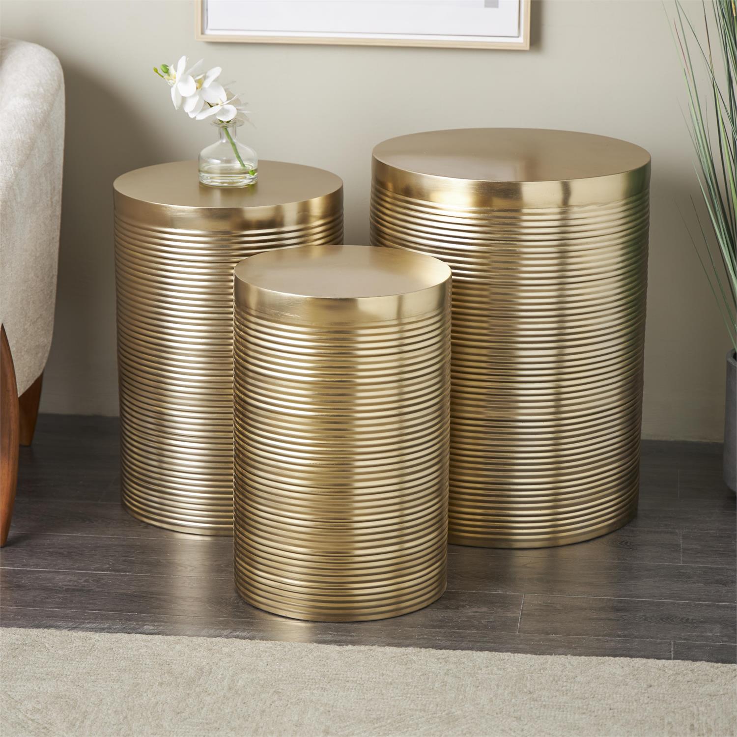 13934_3 Gold Metal Drum Metallic Ribbed Side End Accent Table, Set of 3 - Image 1
