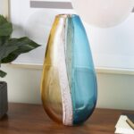 Multi Colored Glass Ombre Decorative Vase with Brown Textured Stripe Details