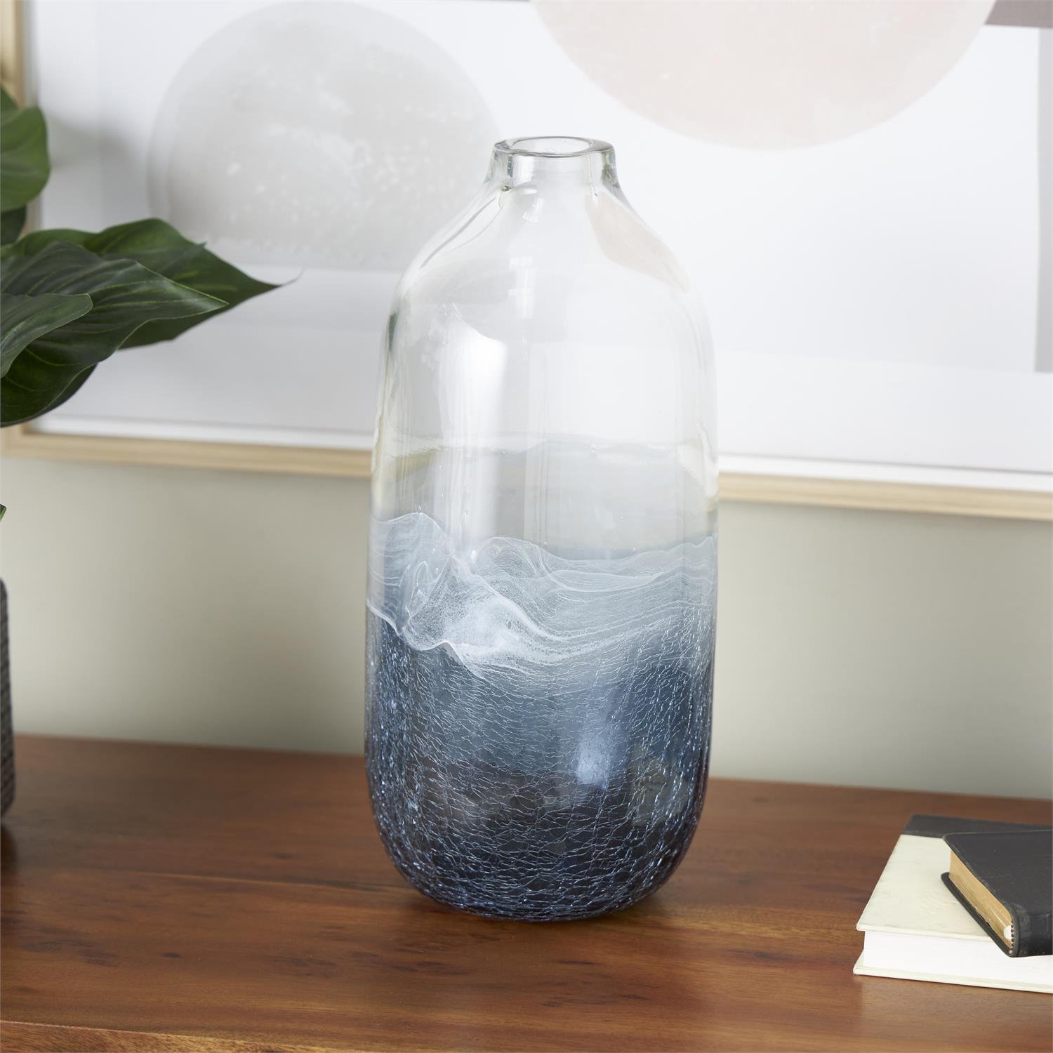 14565_3 Dark Blue Glass Wavy Ombre Decorative Vase with Textured Base - Image 1