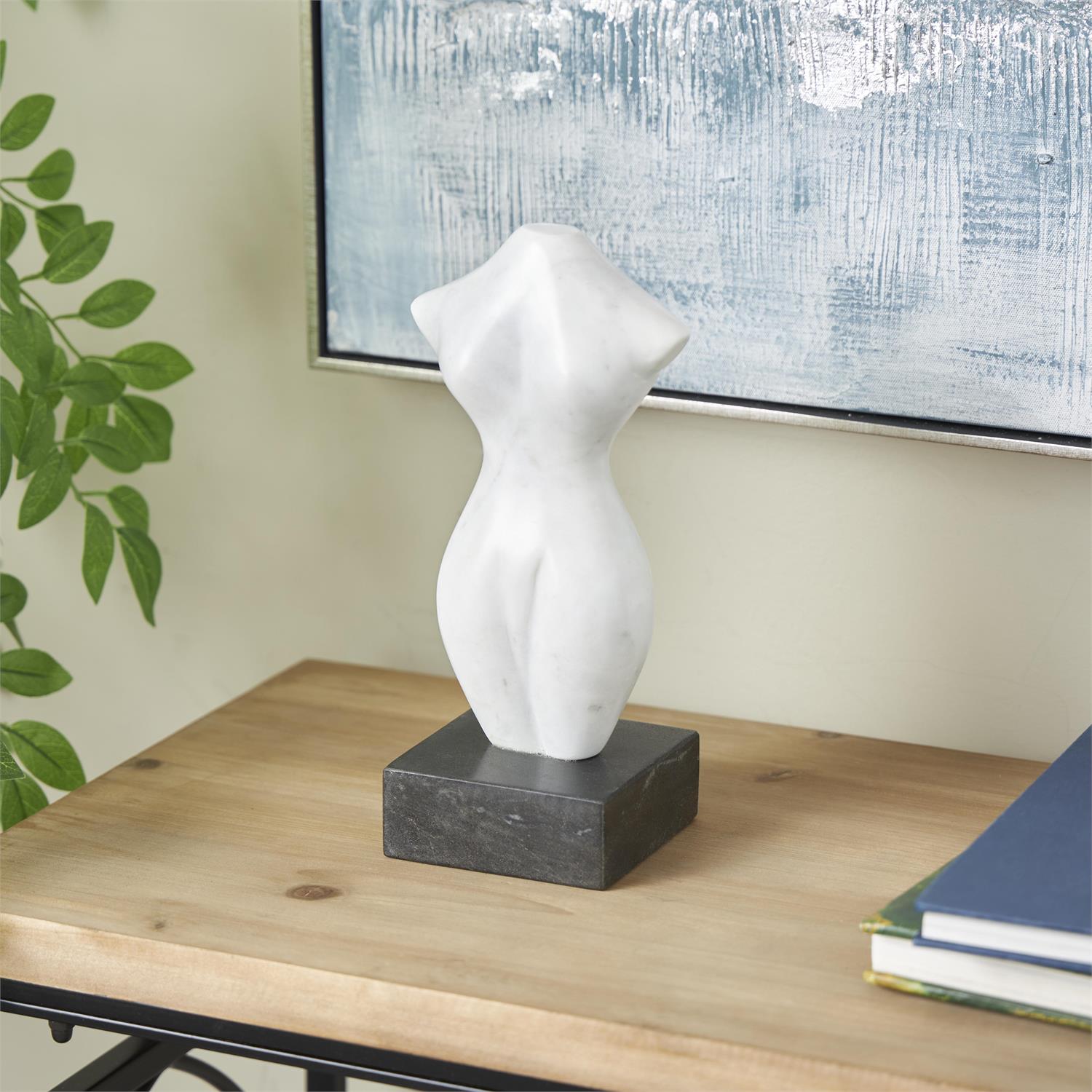 15128_3 White Marble Woman Abstract Female Form Decorative Sculpture with Black Block Base - Image 1