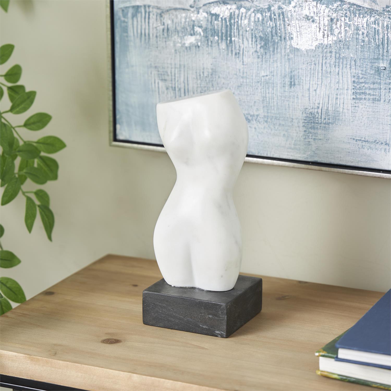 15129_3 White Marble Woman Abstract Female Form Decorative Sculpture with Black Block Base - Image 1
